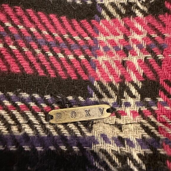 ROXY Wool Blend Pink Black Plaid Peacoat Hidden Button Collared Size Large - Picture 9 of 15